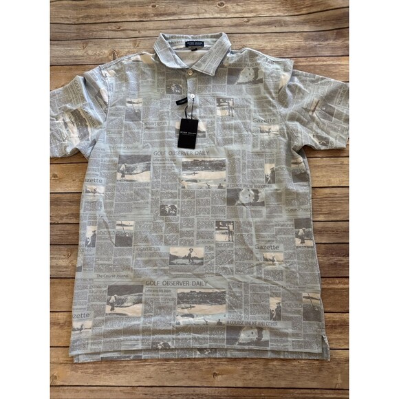 NEW Peter Millar Crown Sport Men's Blue Golf Newspaper Print Ace Polo Shirt L - Picture 1 of 9